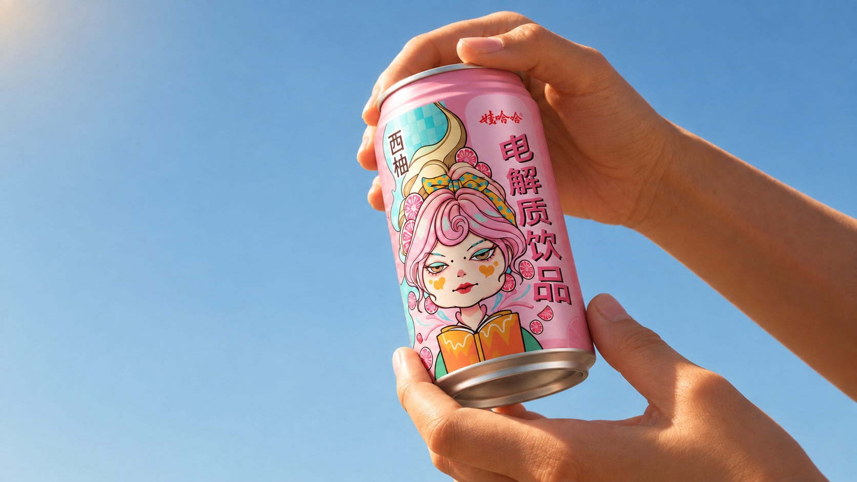 双手托起西柚味易拉罐的户外场景